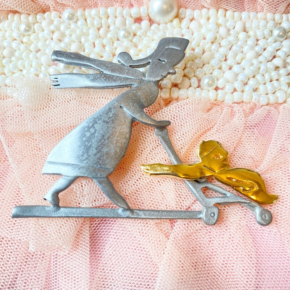 Vintage Ultra Craft Mother Child Sledding Brooch Figural Pin Charming